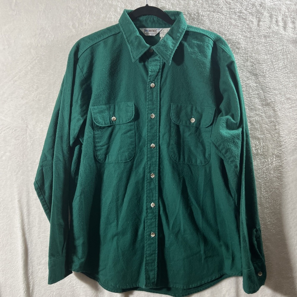 Vintage Five Brothers Flannel Mens L 16-16 1/2 Green Button Down Shirt USA EUC
